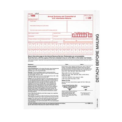 TOPS 2022 1096 Tax Forms, White, 25/Pack (L109625) 2 TOPS 2022 1096 Tax Forms, White, 25/Pack (L109625)