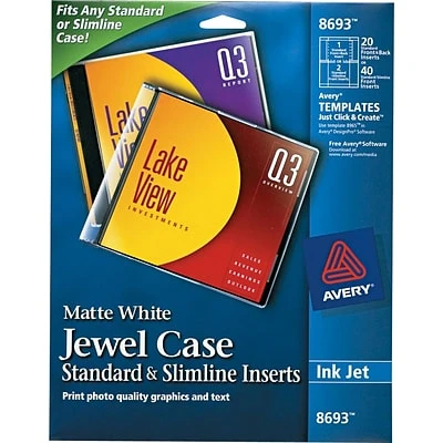 Labels Avery Jewel Case Inserts For InkJet Printers, 5 1/4" X 4 1/2", Matte White, 2 Inserts Per Sheet, 10 Sheets/Pack (8693) 3 Labels Avery Jewel Case Inserts For InkJet Printers, 5 1/4" X 4 1/2", Matte White, 2 Inserts Per Sheet, 10 Sheets/Pack (8693) - Image 2