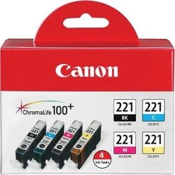 Canon CLI-221 Black/Cyan/Magenta/Yellow Standard Yield Ink Cartridge, 4/Pack (2946B004)