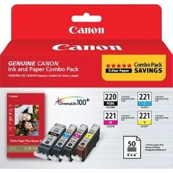 Canon PGI 220/CLI-221 Combo With Paper Plus II Black/Color Ink Cartridges, 4/Pack (2945B011)