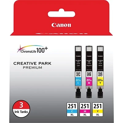 Canon CLI-251XL Cyan/Magenta/Yellow High Yield Ink Cartridge, 3/Pack (6449B009) 3 Canon CLI-251XL Cyan/Magenta/Yellow High Yield Ink Cartridge, 3/Pack (6449B009)