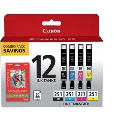 Canon CLI-251 Black/Cyan/Magenta/Yellow Standard Yield Ink Cartridge, 12/Pack (6513B010)