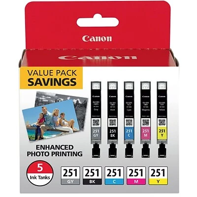 Canon CLI-251 Black/Cyan/Magenta/Yellow/Gray Standard Yield Ink Cartridge, 5/Pack (6513B011) 3 Canon CLI-251 Black/Cyan/Magenta/Yellow/Gray Standard Yield Ink Cartridge, 5/Pack (6513B011)