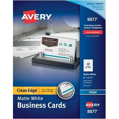 Avery® Business Cards For Inkjet Printers Avery® Clean Edge® Printable Business Card, 2'' X 3.5'', White, 400/Box (08877) 3 Avery® Business Cards For Inkjet Printers Avery® Clean Edge® Printable Business Card, 2'' X 3.5'', White, 400/Box (08877)