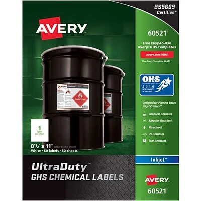 Avery UltraDuty GHS Chemical Labels For Pigment-Based Inkjet Printers, Waterproof, UV Resistant, 8-1/2" X 11", Box Of 50 (60521) 2 Avery UltraDuty GHS Chemical Labels For Pigment-Based Inkjet Printers, Waterproof, UV Resistant, 8-1/2" X 11", Box Of 50 (60521)