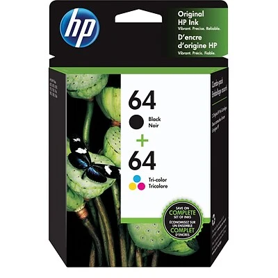 HP 64 Black/Tri-Color Standard Yield Ink Cartridge, 2/Pack (X4D92AN#140) 3 HP 64 Black/Tri-Color Standard Yield Ink Cartridge, 2/Pack (X4D92AN#140)