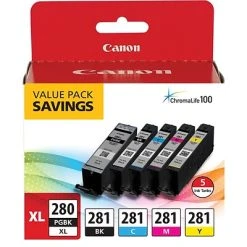 Canon PGI-280XL/CLI-281 Black High Yield And Cyan/Magenta/Yellow/Photo Black Standard Yield Ink Cartridge, 5/Pack (2021C007)
