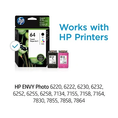 HP 64 Black/Tri-Color Standard Yield Ink Cartridge, 2/Pack (X4D92AN#140) 4 HP 64 Black/Tri-Color Standard Yield Ink Cartridge, 2/Pack (X4D92AN#140) - Image 2