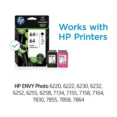 HP 64XL/64 Black High Yield And Tri-Color Standard Yield Ink Cartridges, 2/Pack (3YP23AN#140) 4 HP 64XL/64 Black High Yield And Tri-Color Standard Yield Ink Cartridges, 2/Pack (3YP23AN#140) - Image 2